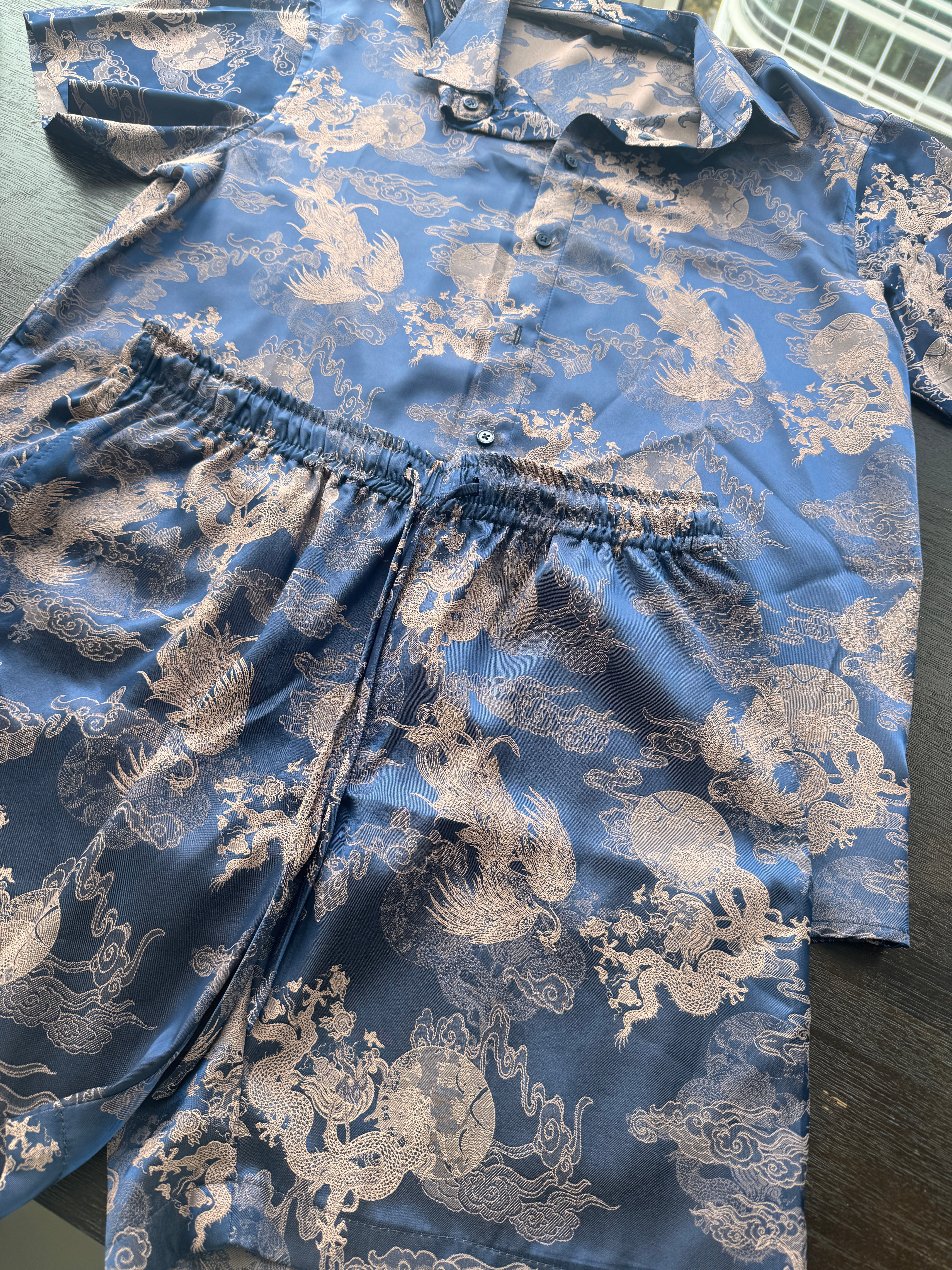 Dancing Dragon Short Sleeve Button Up Shirt and Shorts Set (Royal Blue)