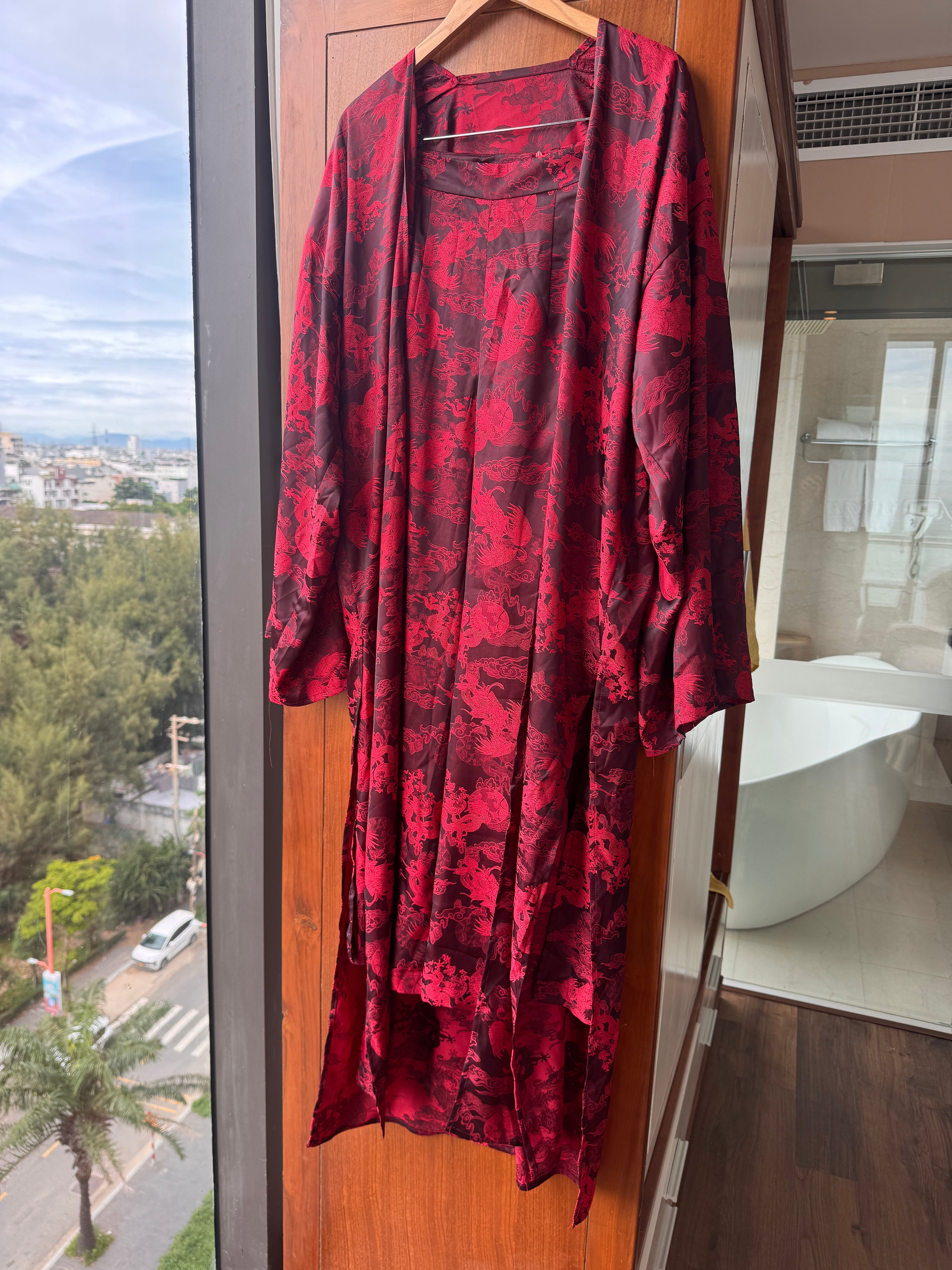 Unisex Dancing Dragon Long Kimono (Crimson Black)