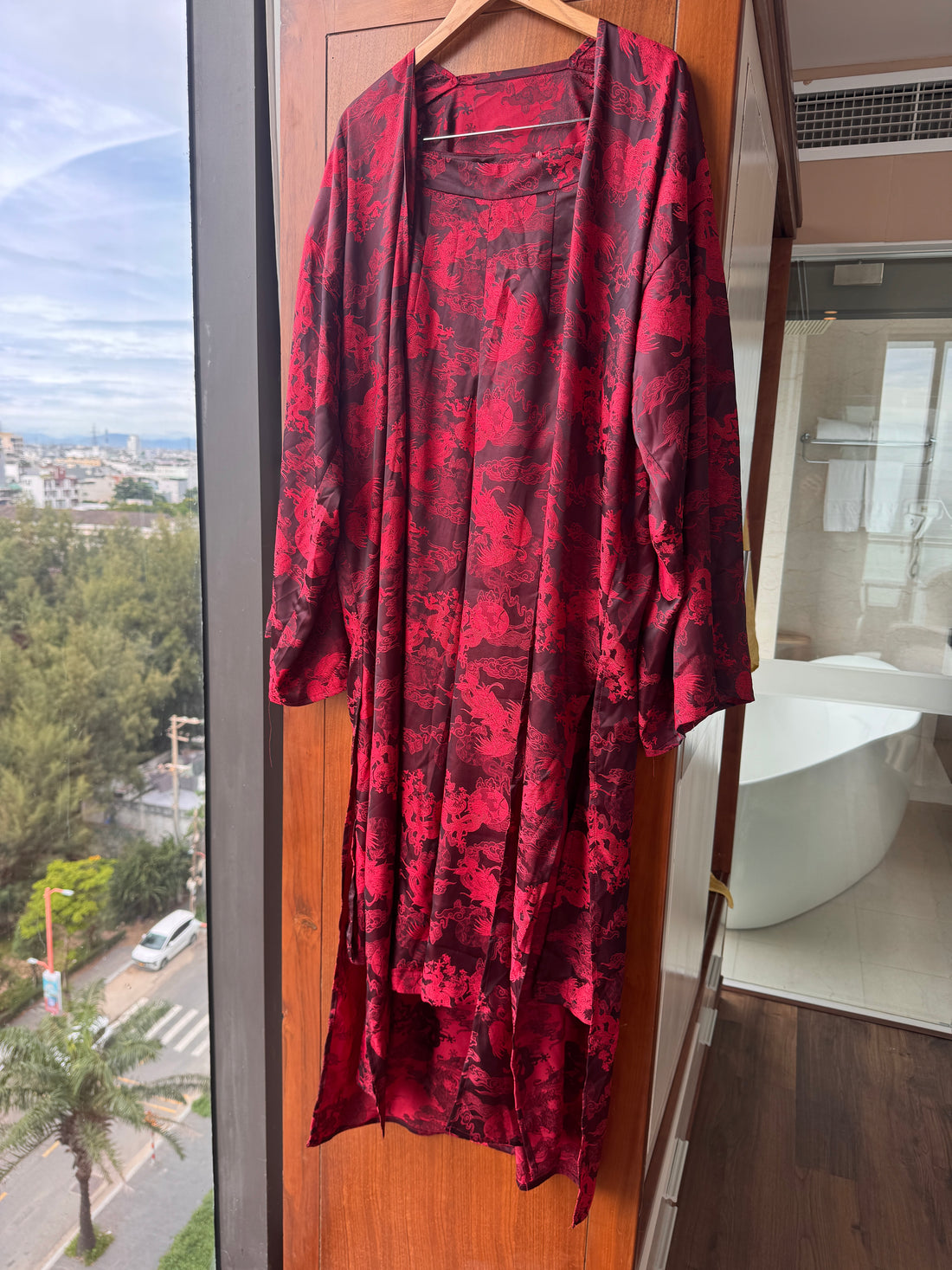 Unisex Dancing Dragon Long Kimono (Crimson Black)