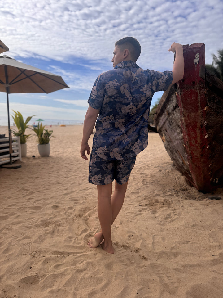 Dancing Dragon Short Sleeve Button Up Shirt and Shorts Set (Royal Blue)