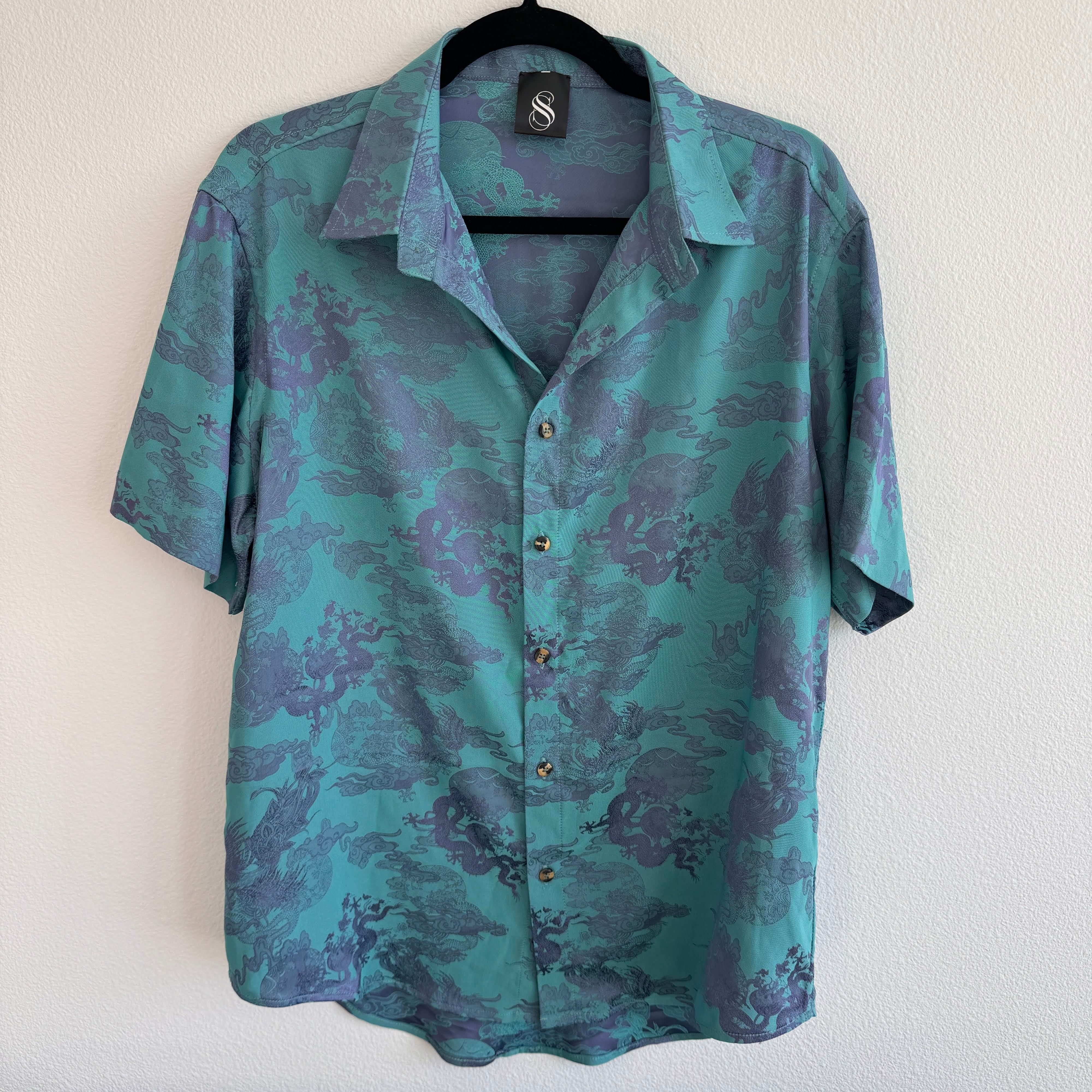 Dancing Dragon Short Sleeve Button Up Shirt and Shorts Set (Aqua Marine)