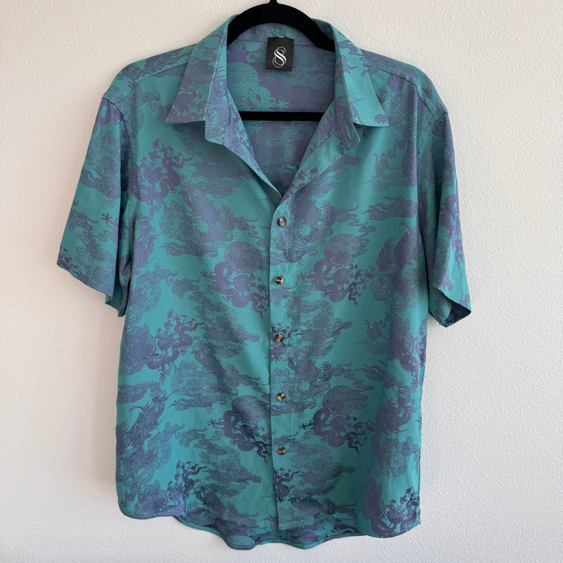 Dancing Dragon Short Sleeve Button Up Shirt and Shorts Set (Aqua Marine)