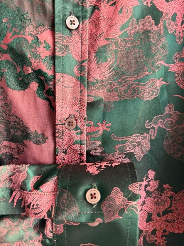 Dancing Dragon Long Sleeve Button Up (Forest Pink)