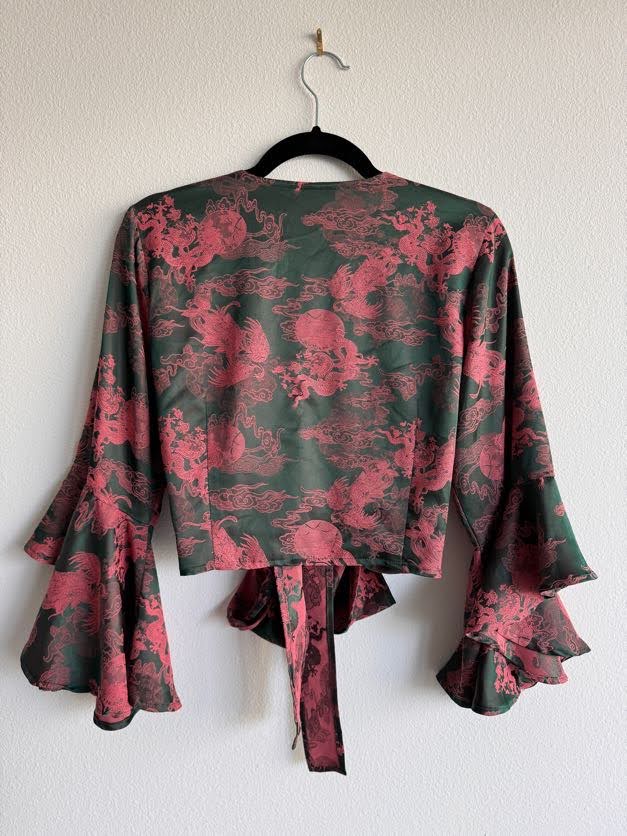 Cropped Wrap Top in Christmas Dragon Print