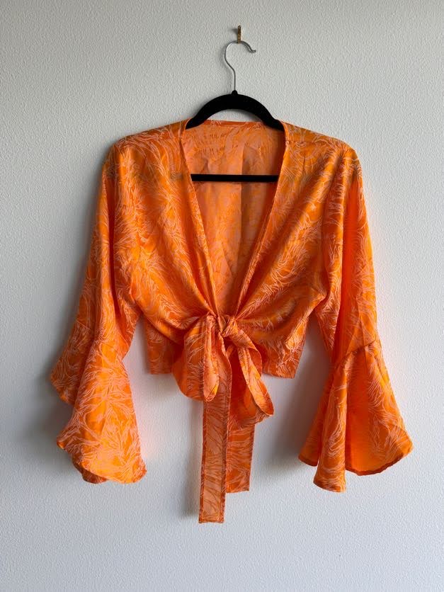 Silk Cropped Wrap Top in Orange Orchid