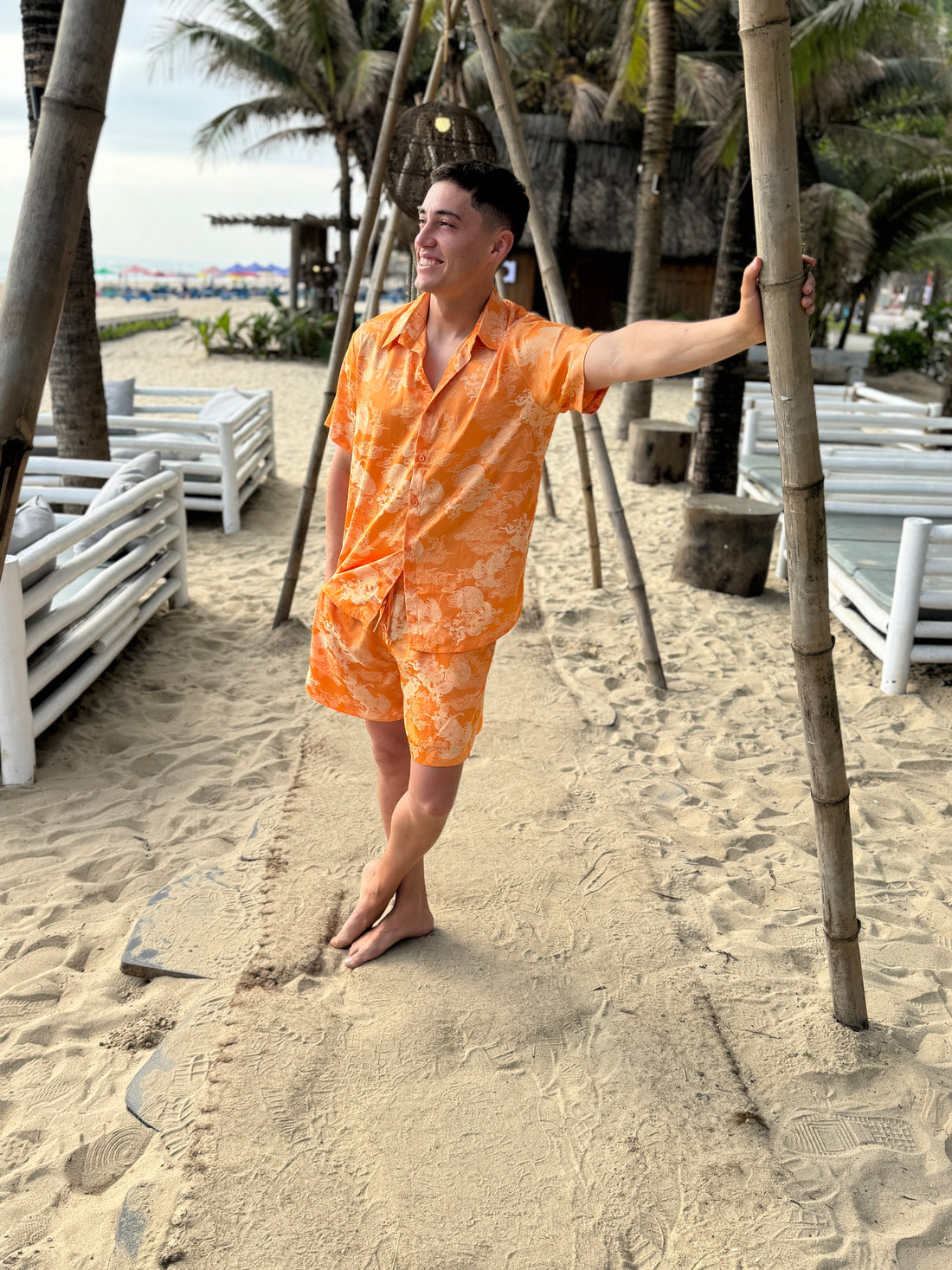Dancing Dragon Short Sleeve Button Up Shirt and Shorts Set (Sunset)