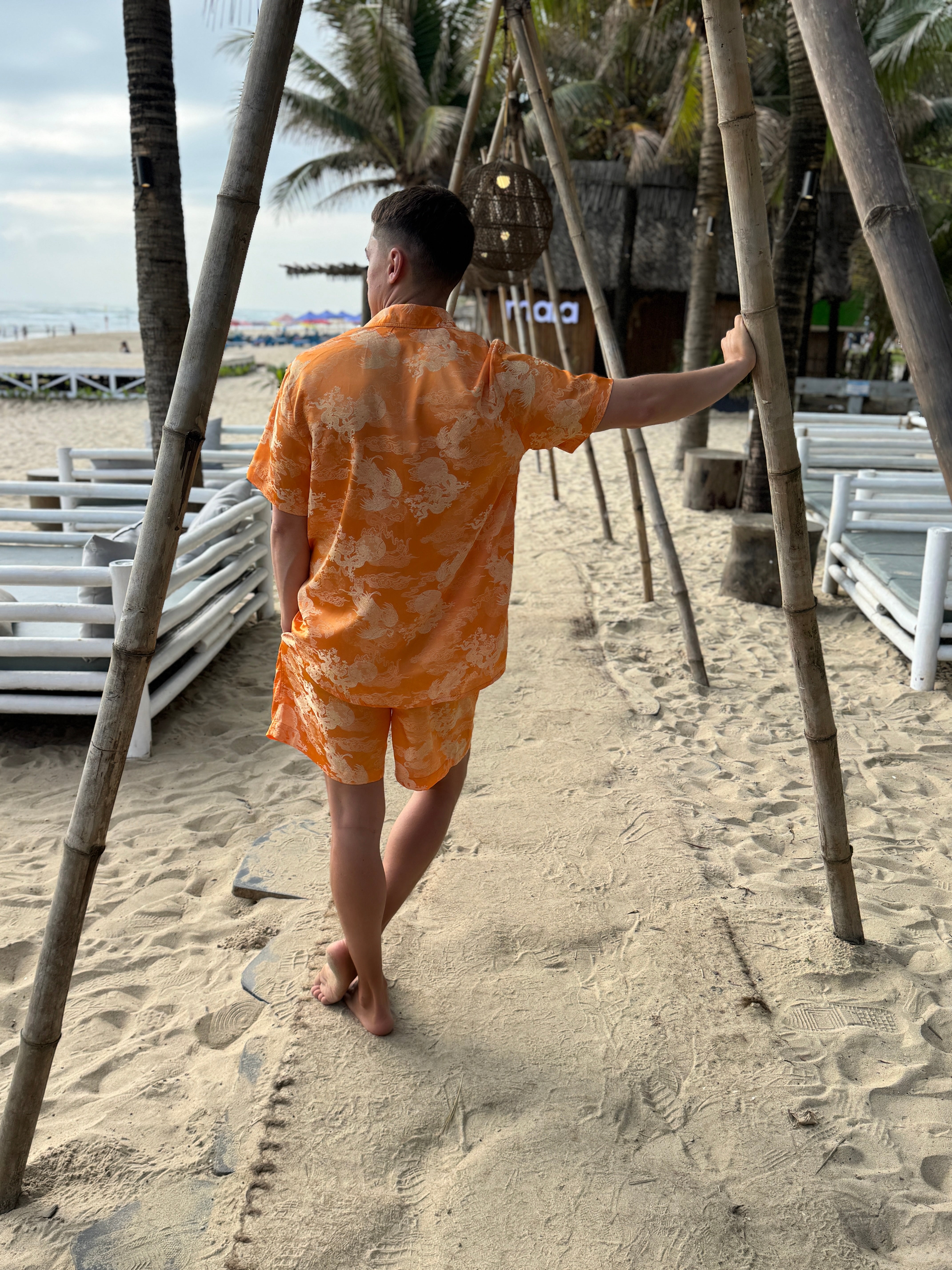 Dancing Dragon Short Sleeve Button Up Shirt and Shorts Set (Sunset)