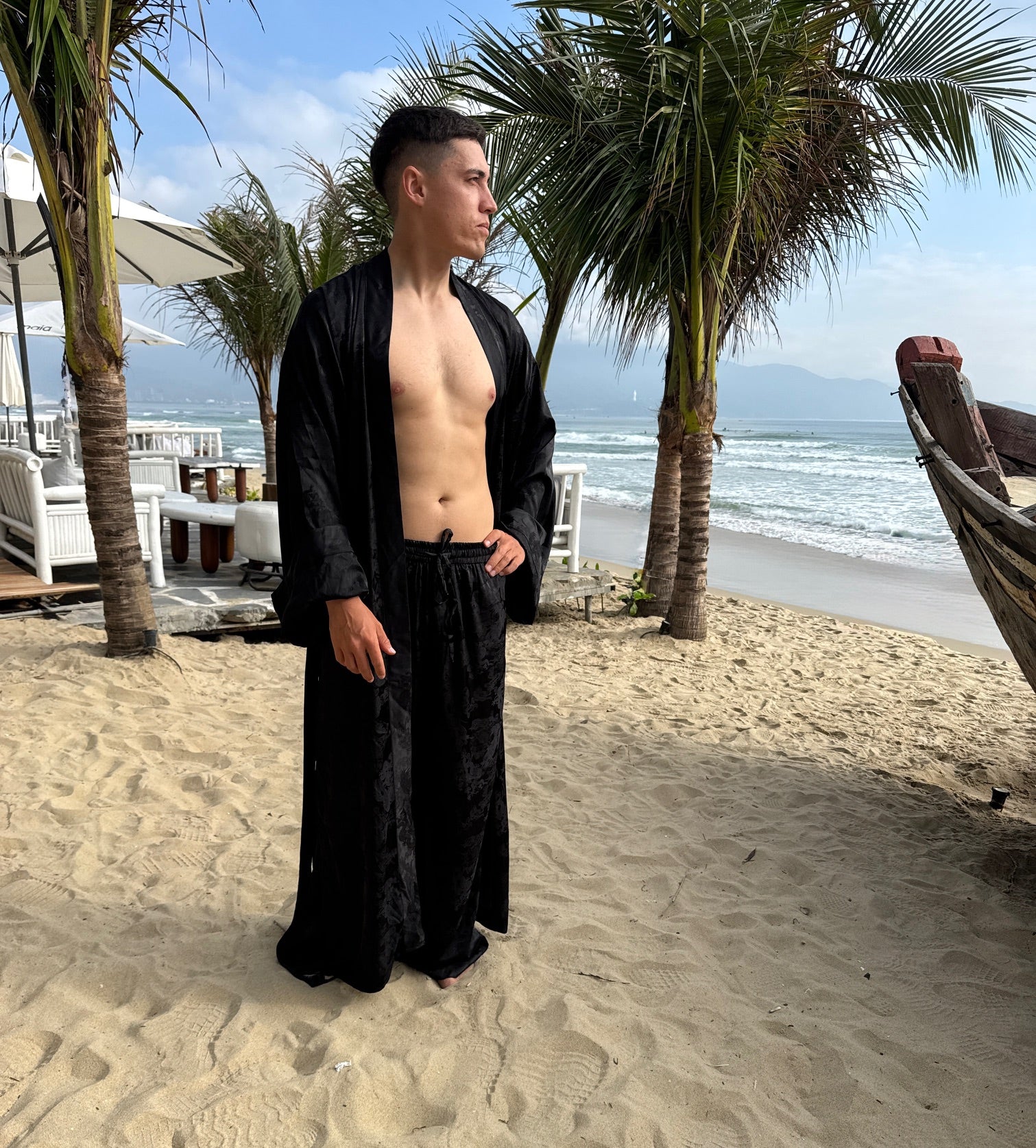 Dancing Dragon Smoking Kimono and Pants Set (Black Nights)