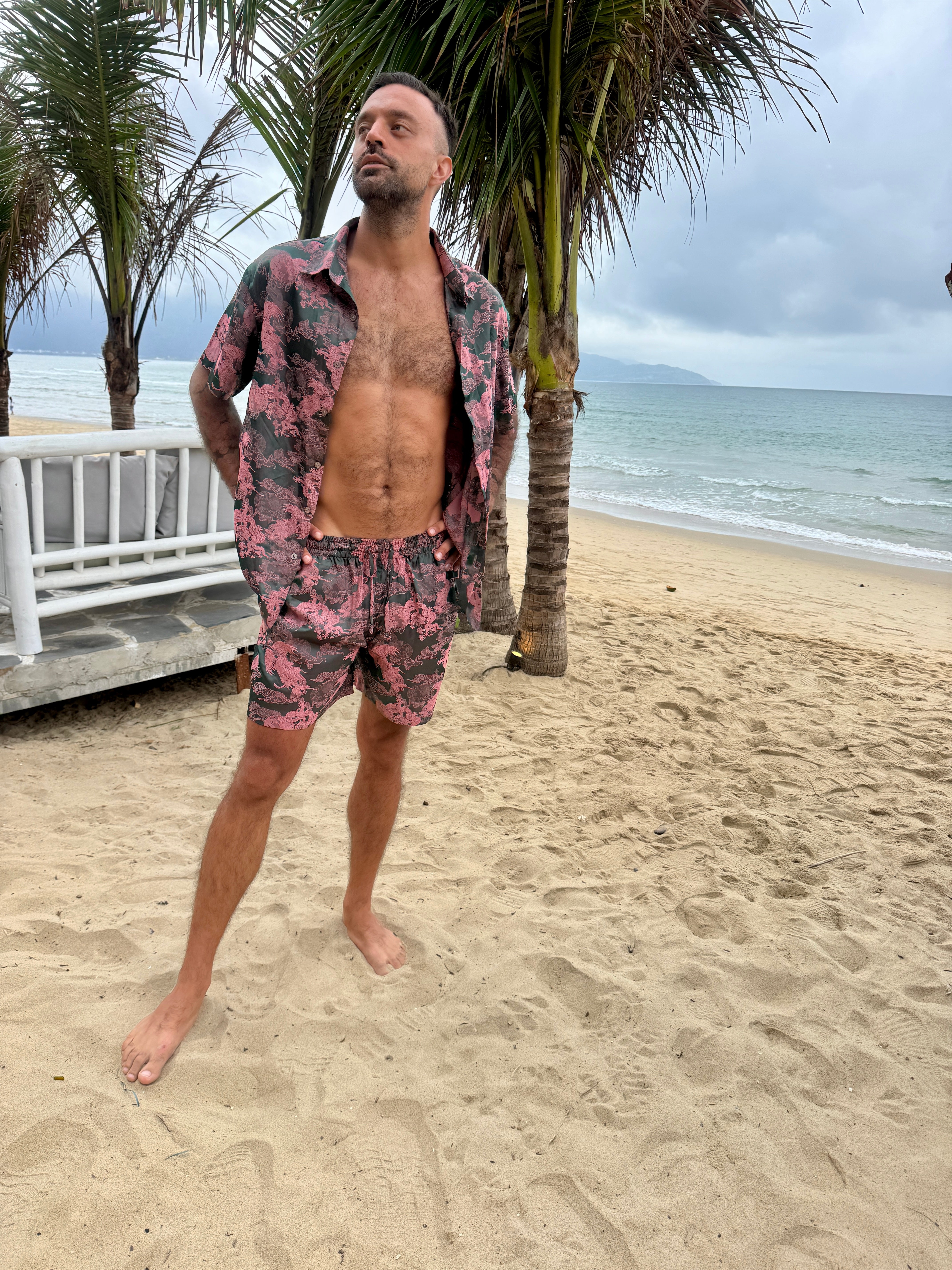 Dancing Dragon Short Sleeve Button Up Shirt and Shorts Set (Forest Pink)