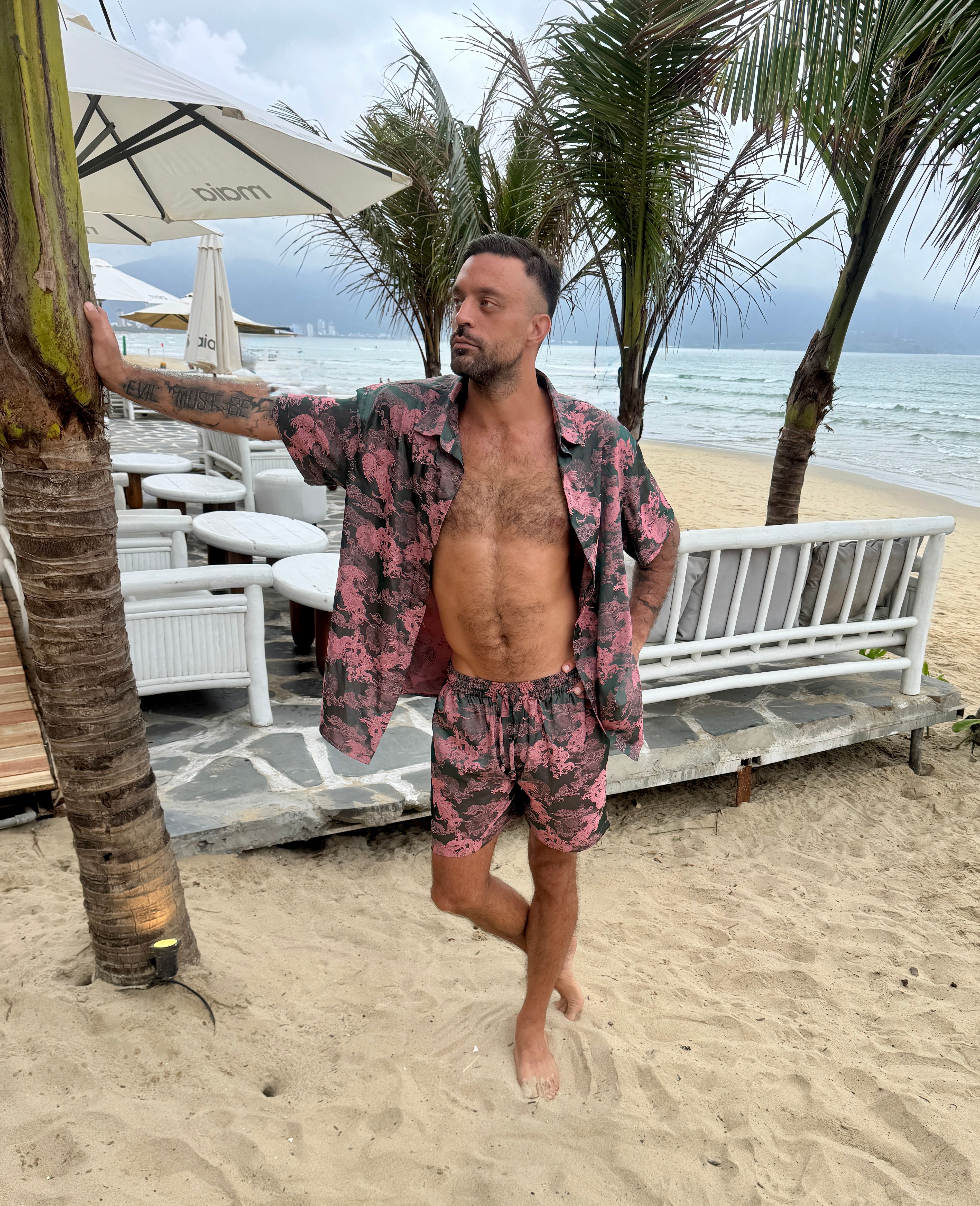 Dancing Dragon Short Sleeve Button Up Shirt and Shorts Set (Forest Pink)