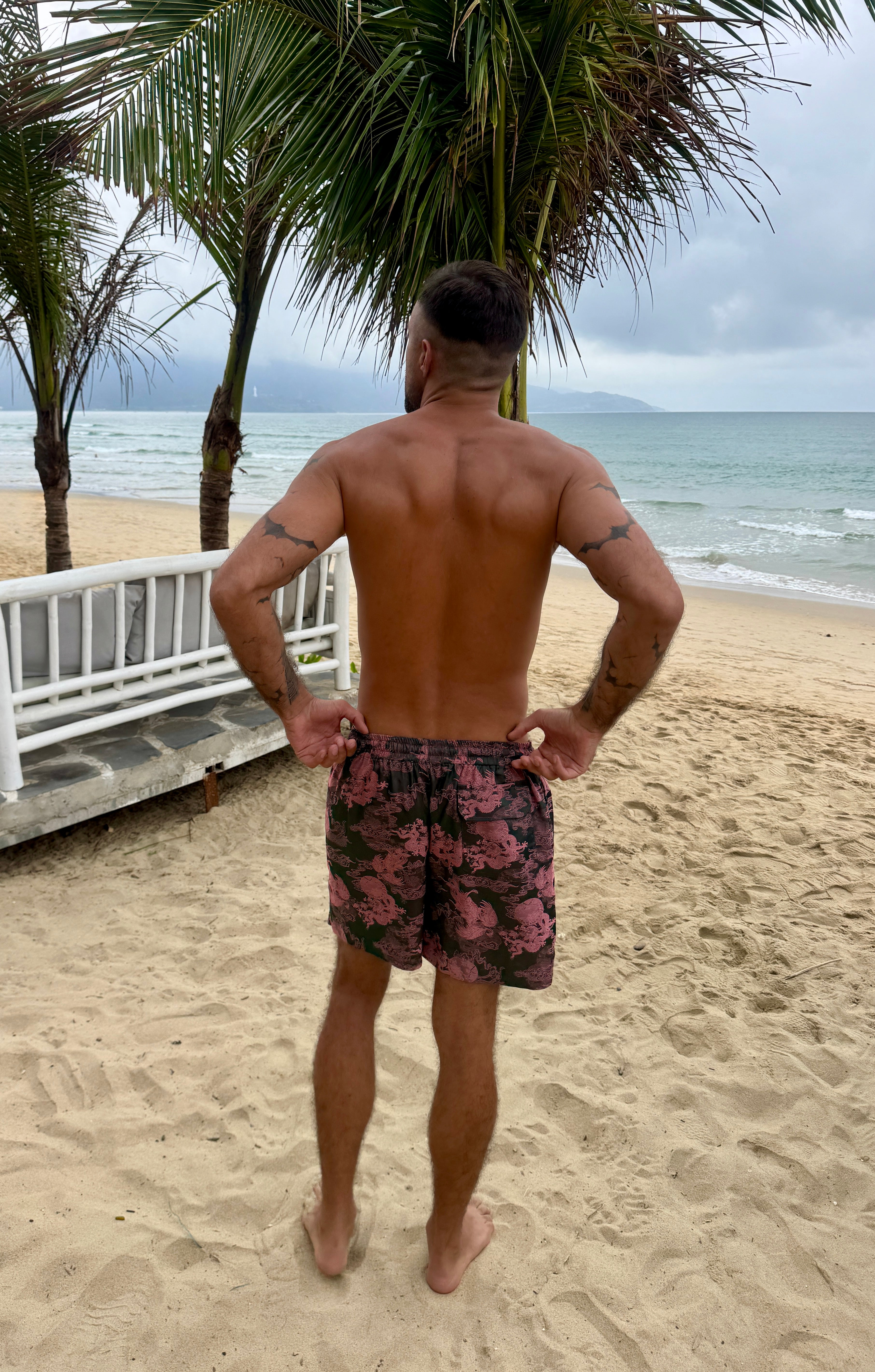 Dancing Dragon Short Sleeve Button Up Shirt and Shorts Set (Forest Pink)