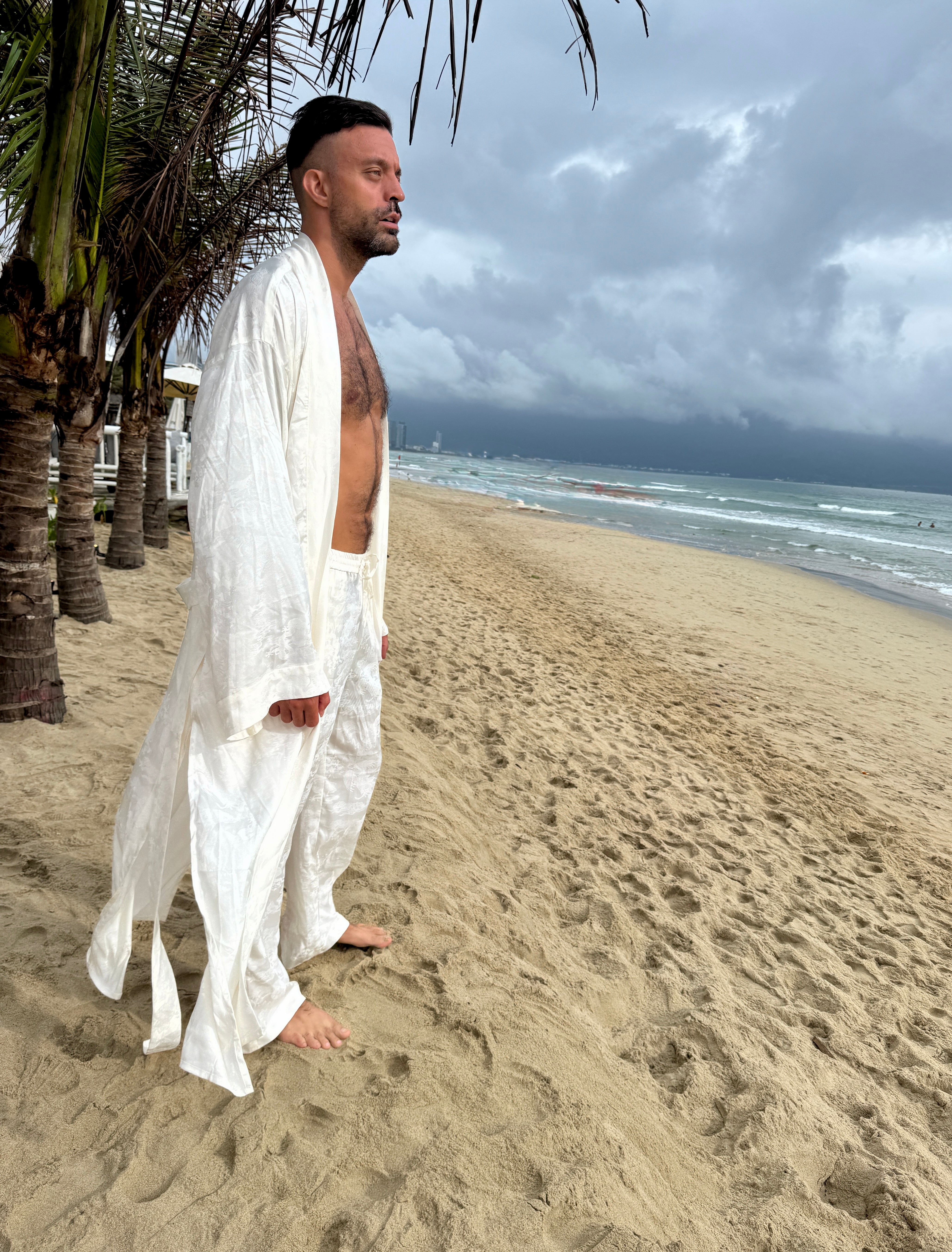 Dancing Dragon Smoking Kimono and Pants Set (Cream)