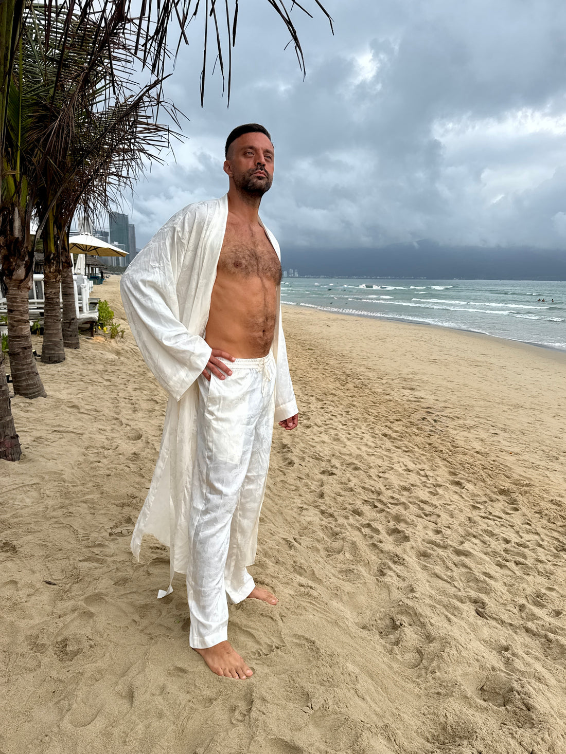 Dancing Dragon Smoking Kimono and Pants Set (Cream)