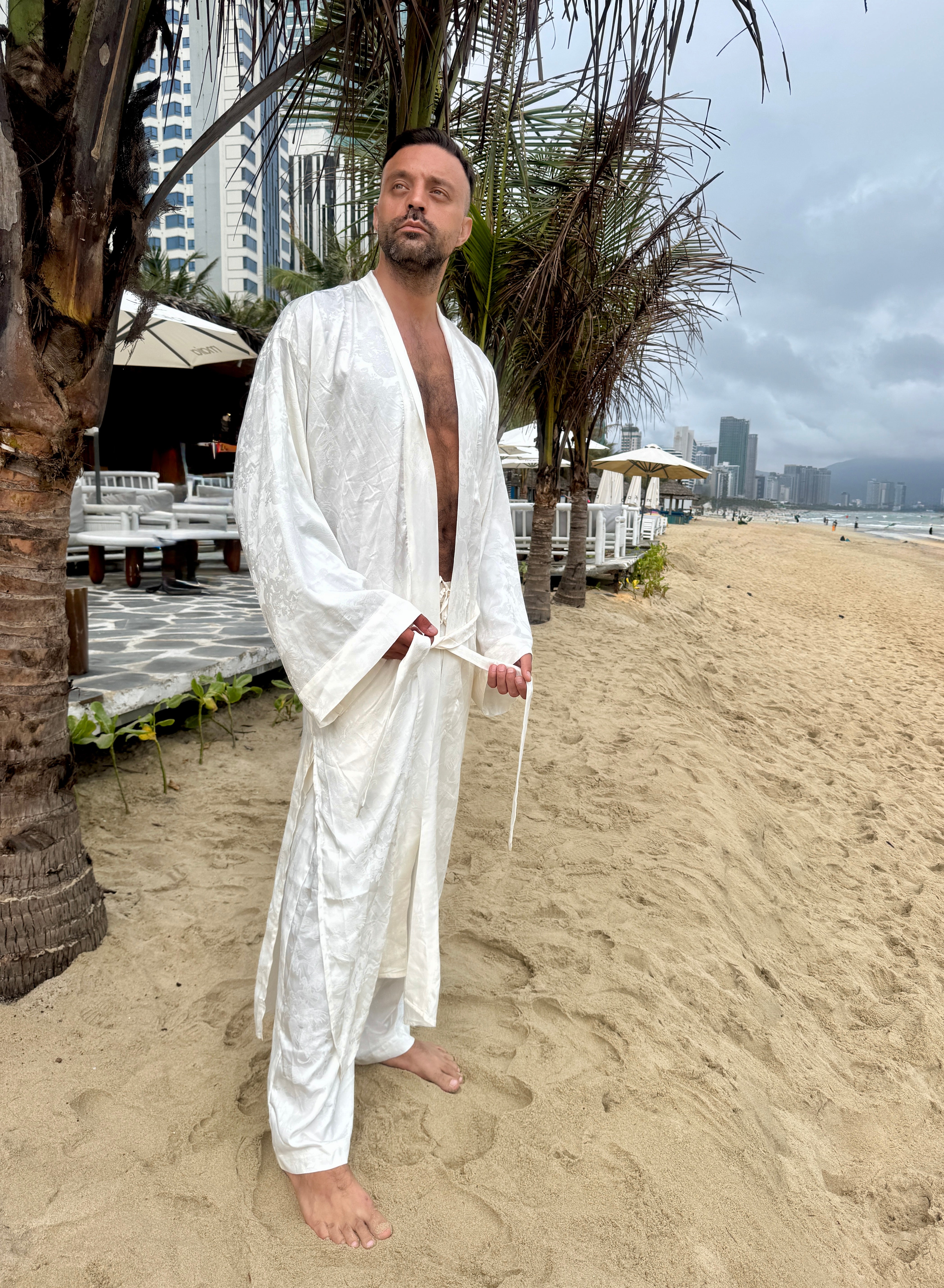 Dancing Dragon Smoking Kimono and Pants Set (Cream)