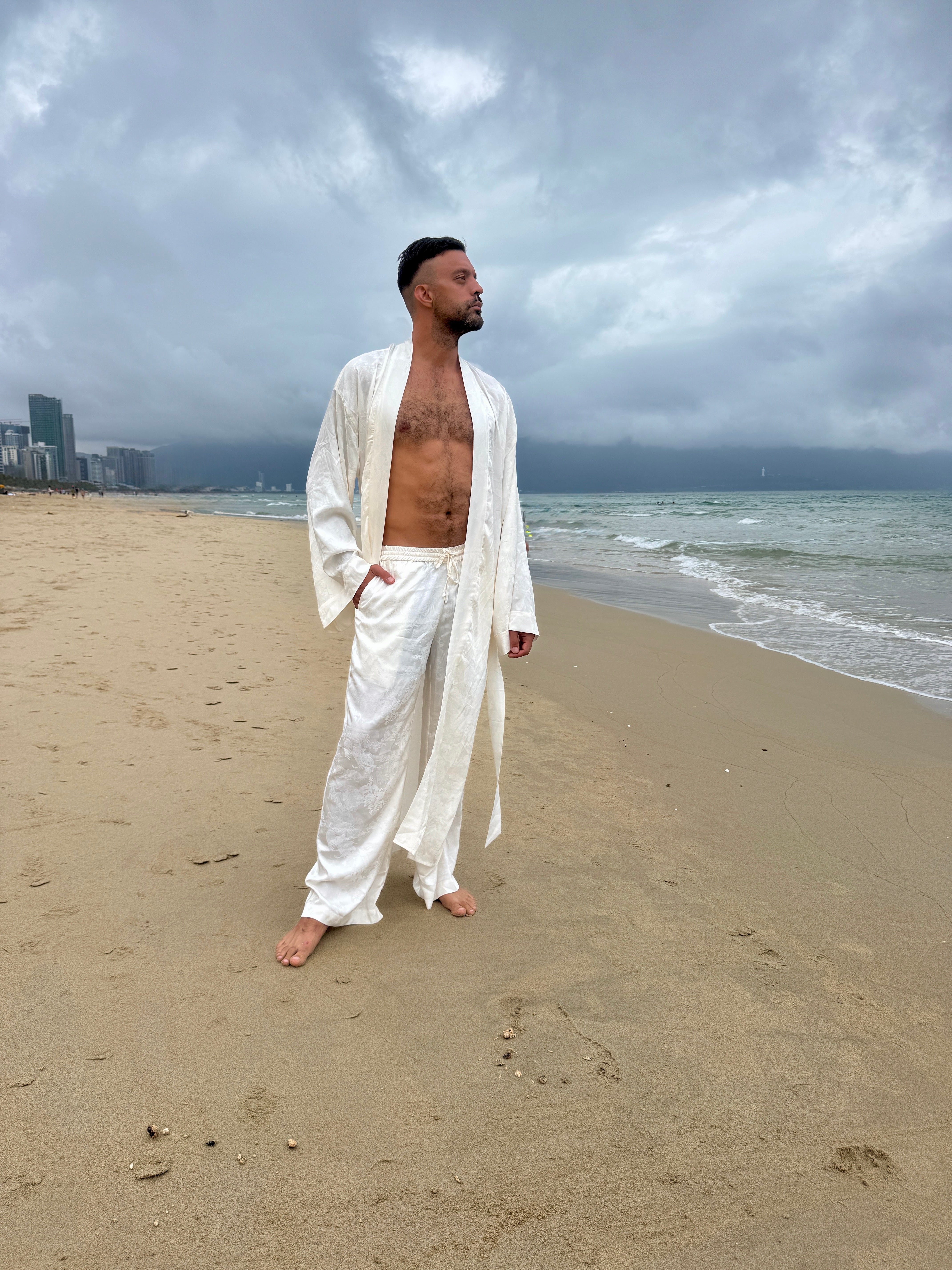 Dancing Dragon Smoking Kimono and Pants Set (Cream)