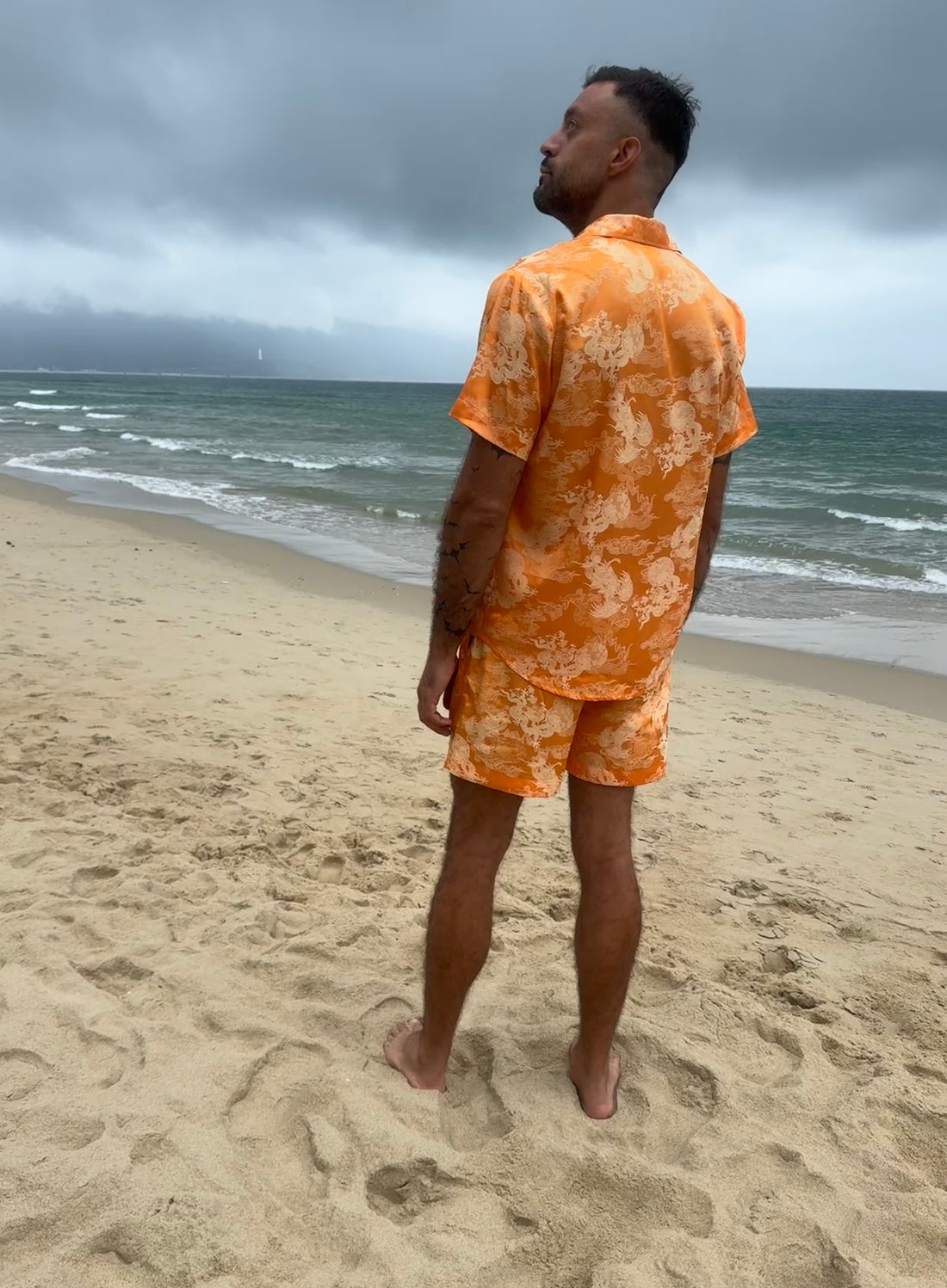 Dancing Dragon Short Sleeve Button Up Shirt and Shorts Set (Sunset)