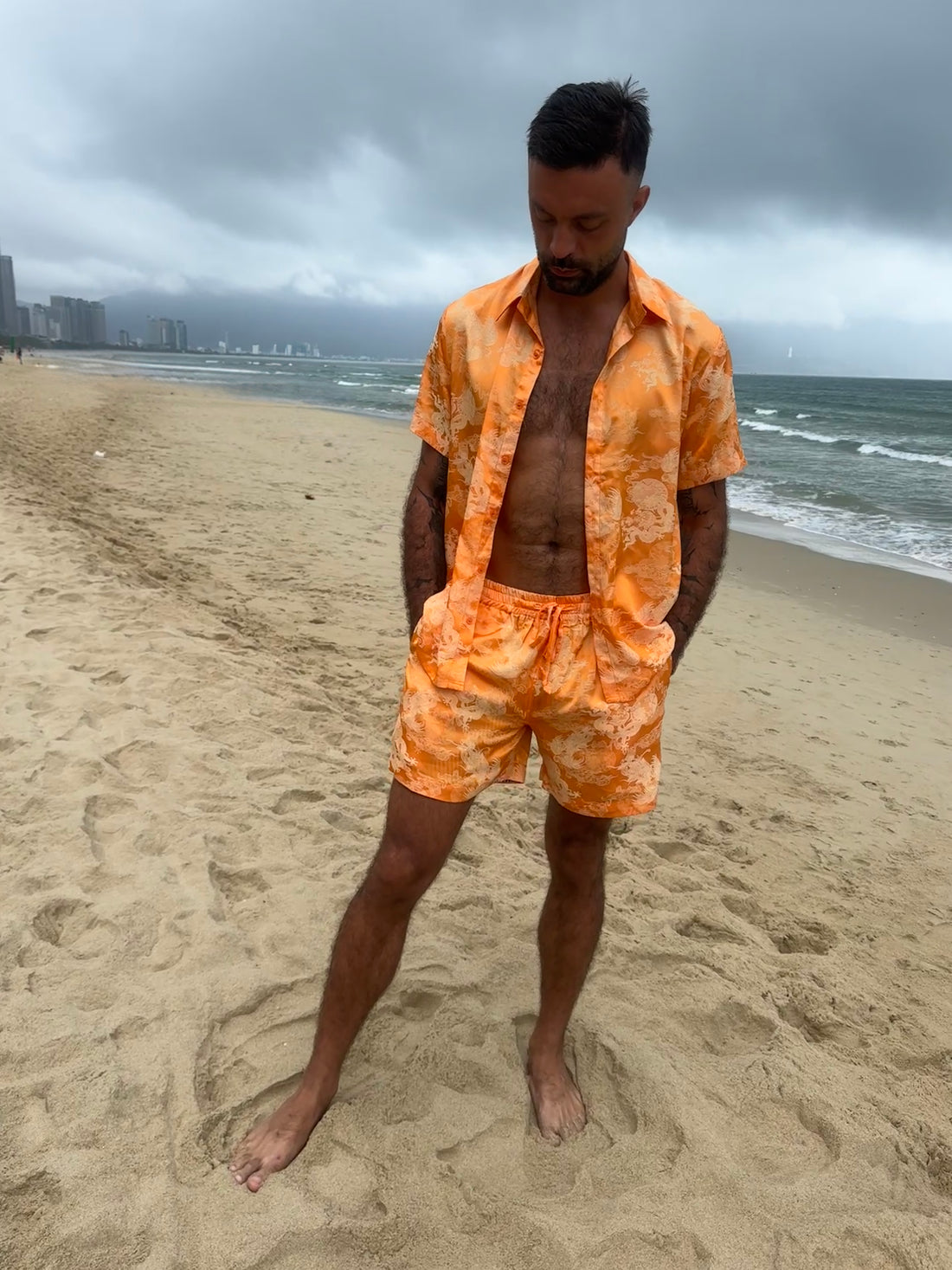 Dancing Dragon Short Sleeve Button Up Shirt and Shorts Set (Sunset)