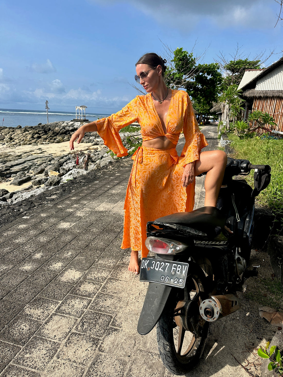 Caribbean Dream Silk Set in Orange Orchid Print