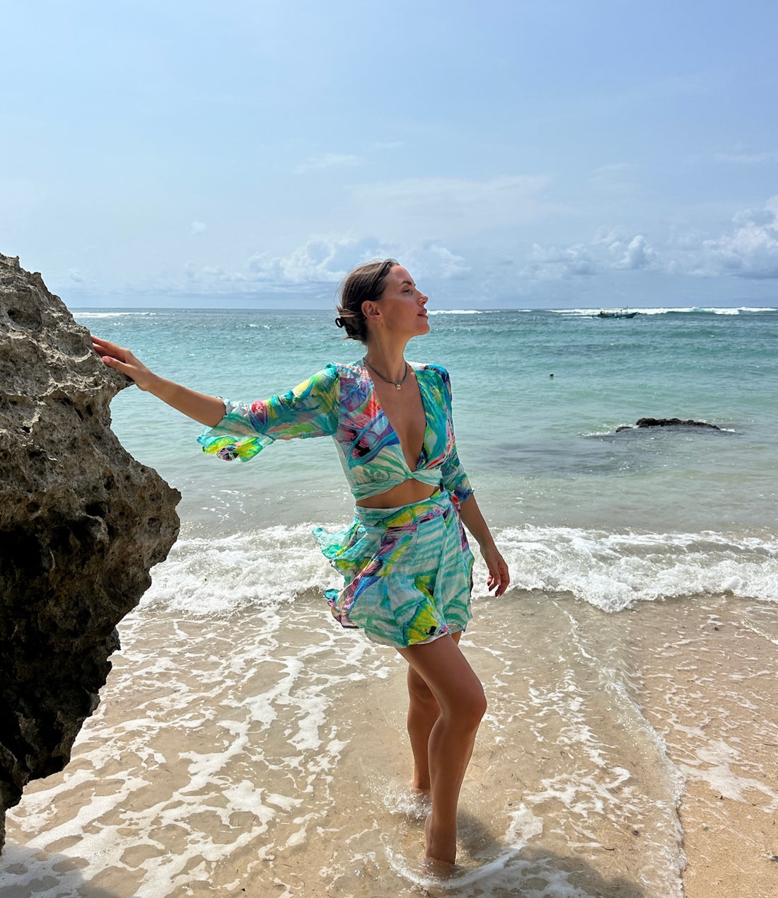 Barcelona Silk Chiffon Set in Caribbean Blue Butterfly print