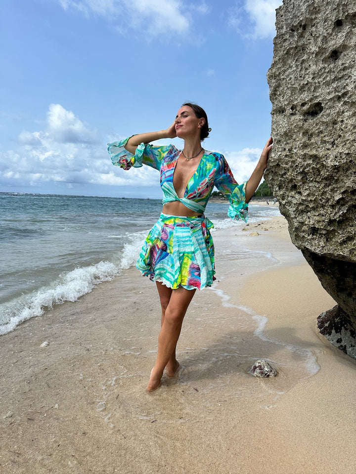 Barcelona Silk Chiffon Set in Caribbean Blue Butterfly print