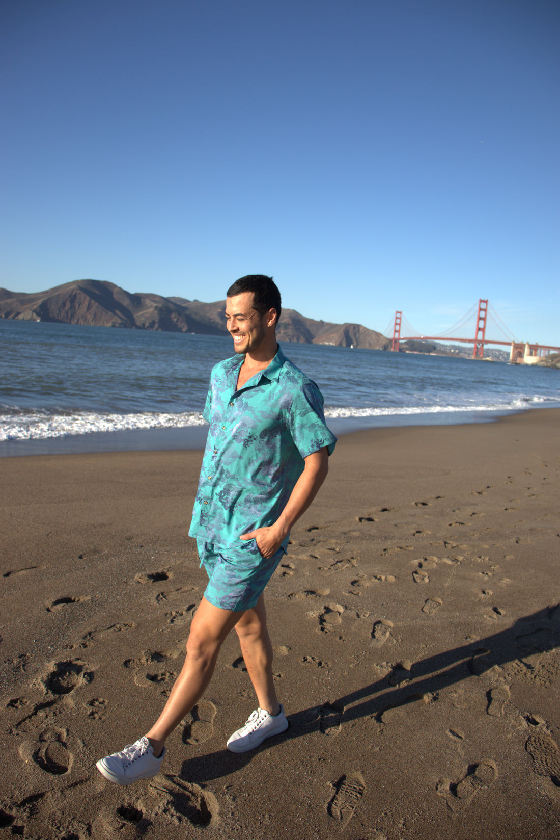 Dancing Dragon Short Sleeve Button Up Shirt and Shorts Set (Aqua Marine)