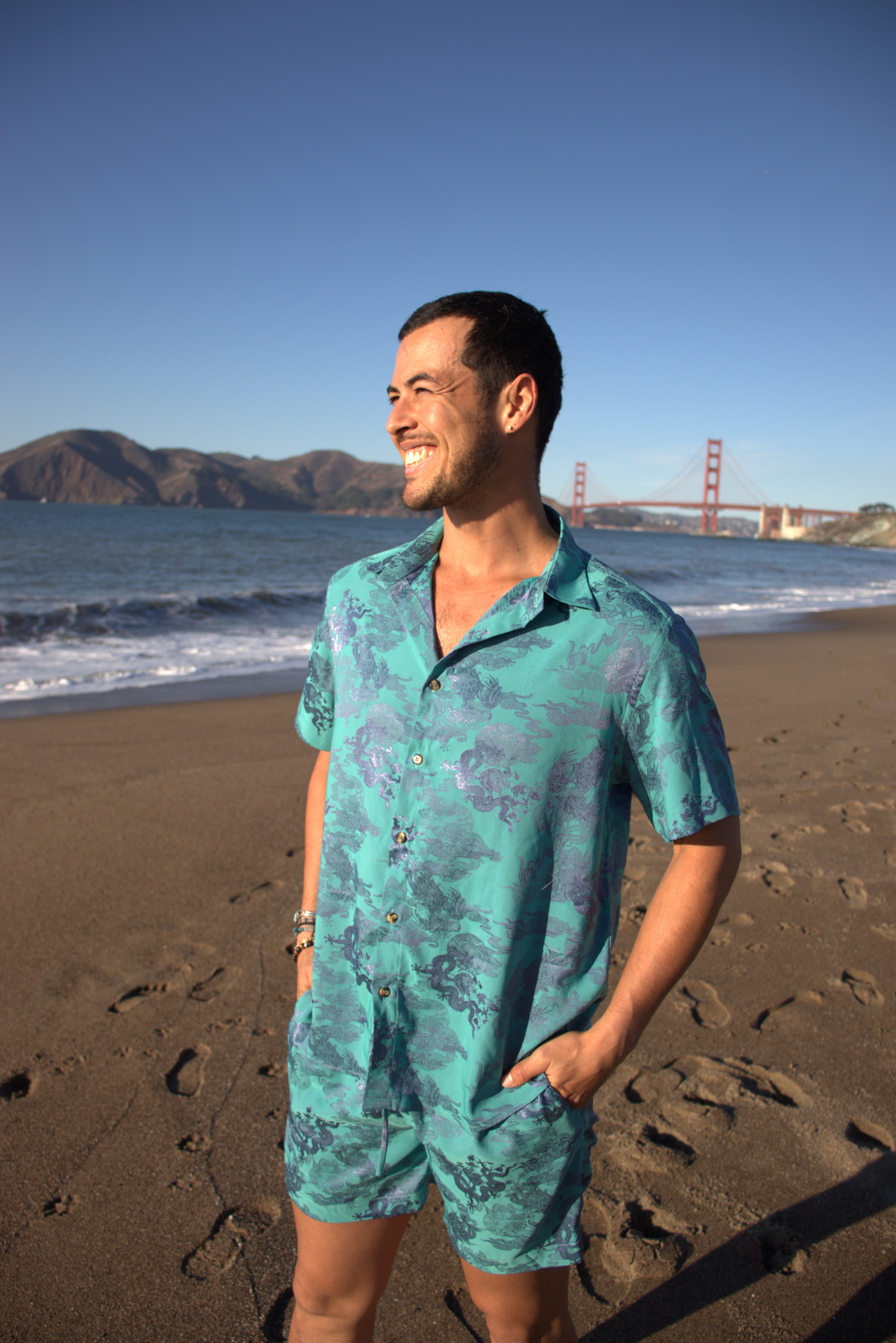Dancing Dragon Short Sleeve Button Up Shirt and Shorts Set (Aqua Marine)