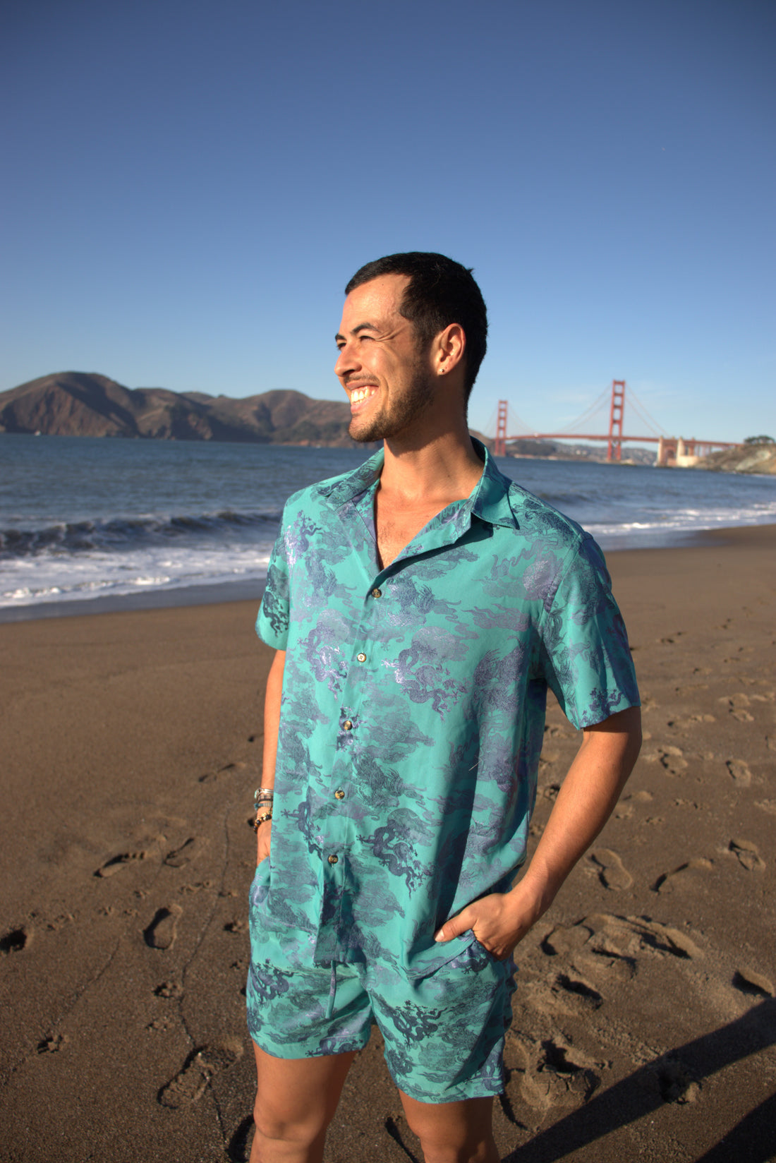 Dancing Dragon Short Sleeve Button Up Shirt and Shorts Set (Aqua Marine)