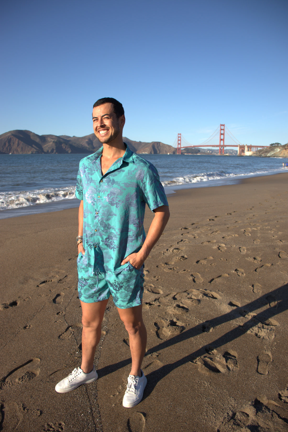 Dancing Dragon Short Sleeve Button Up Shirt and Shorts Set (Aqua Marine)
