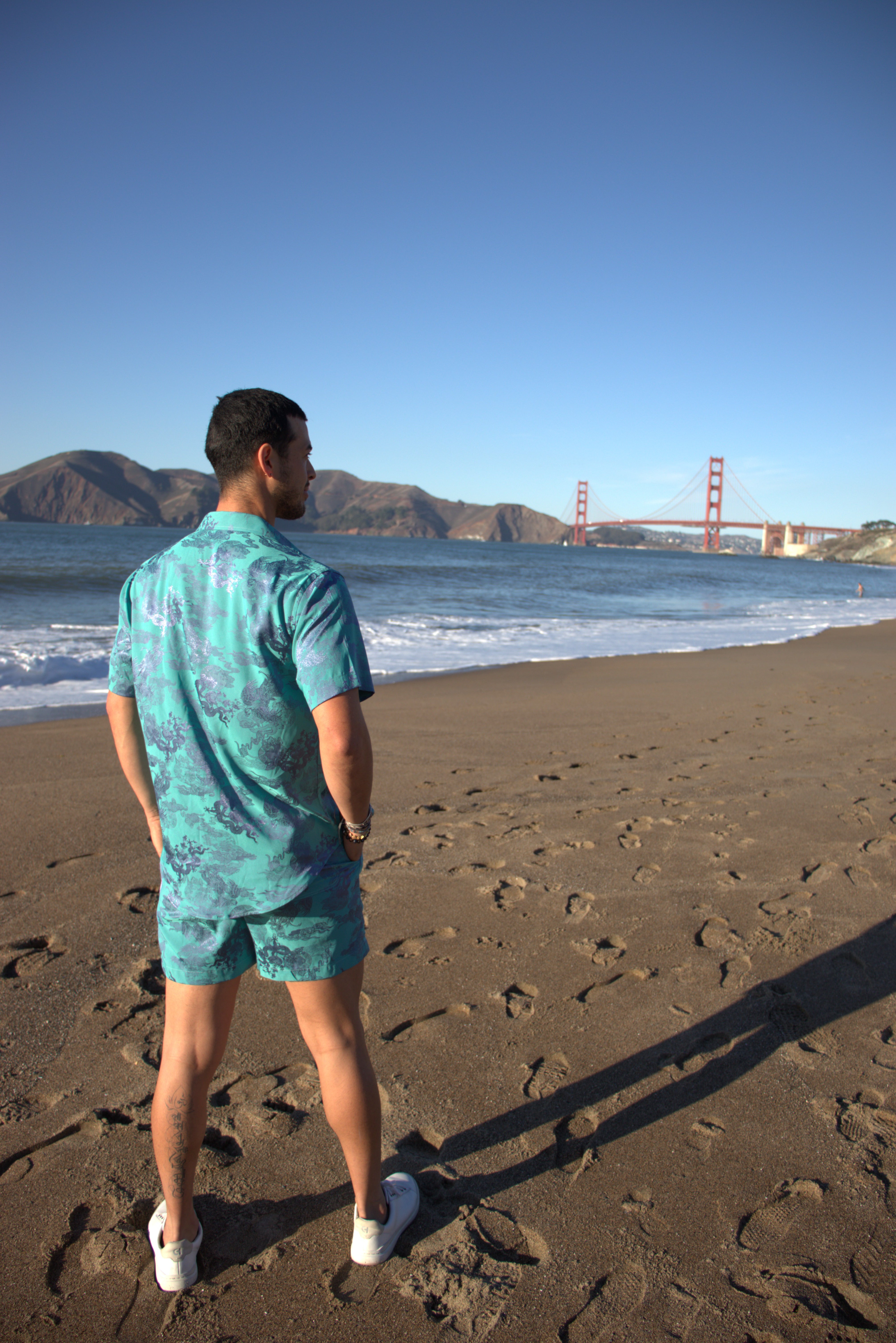 Dancing Dragon Short Sleeve Button Up Shirt and Shorts Set (Aqua Marine)