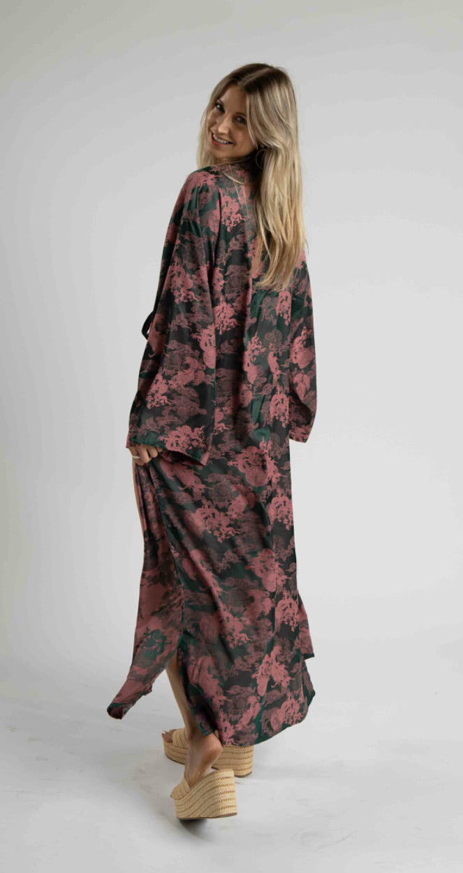 Unisex Dancing Dragon Long Kimono (Forest Pink)
