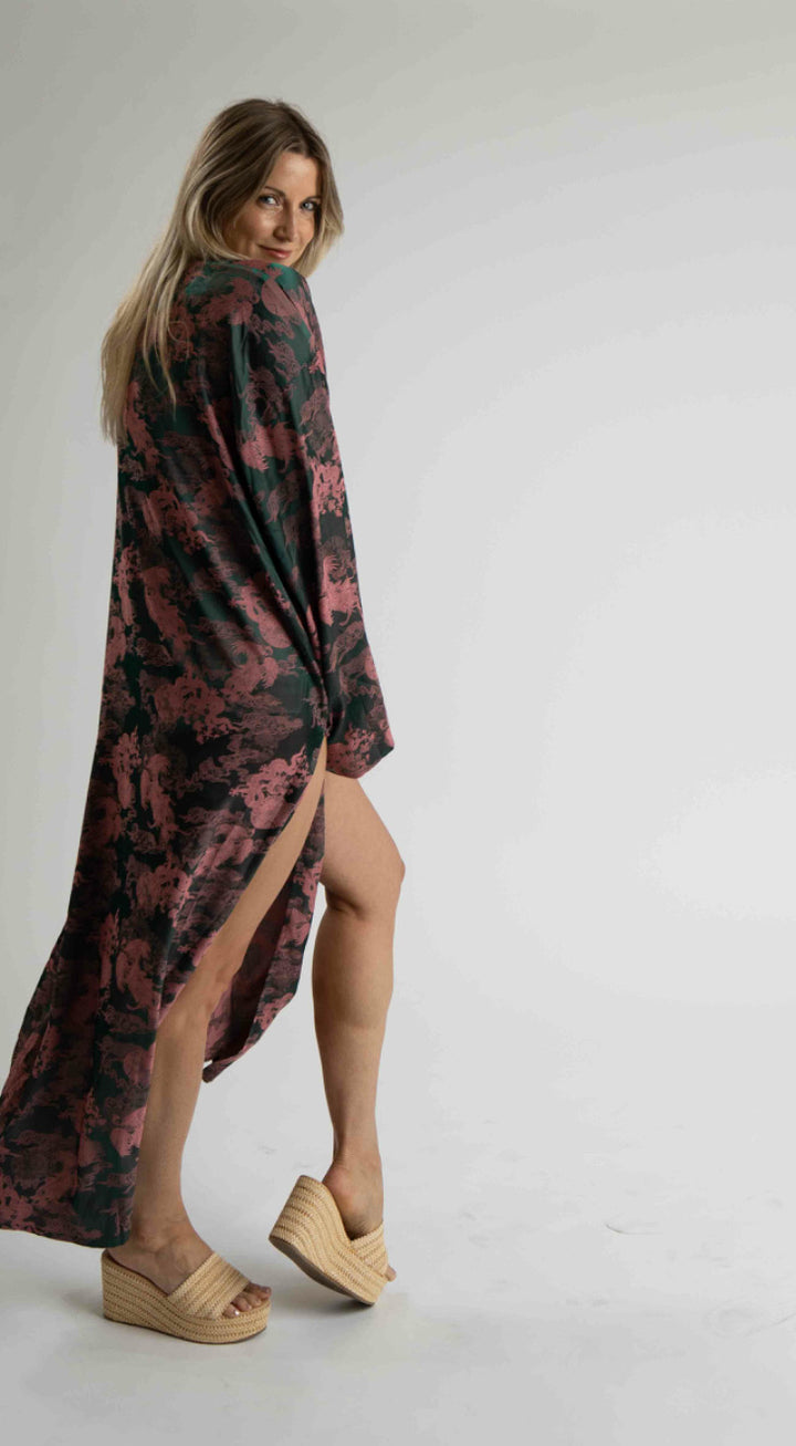 Unisex Dancing Dragon Long Kimono (Forest Pink)