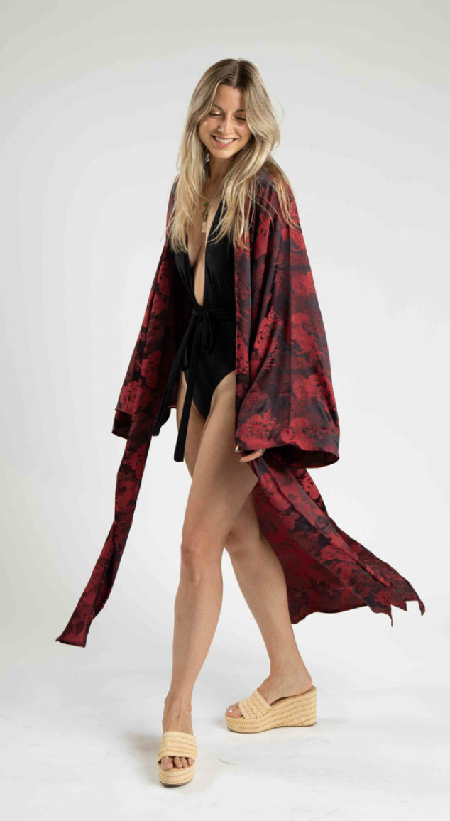 Unisex Dancing Dragon Long Kimono (Crimson Black)