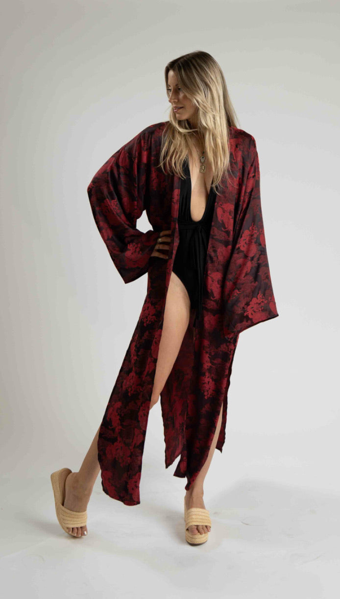 Unisex Dancing Dragon Long Kimono (Crimson Black)