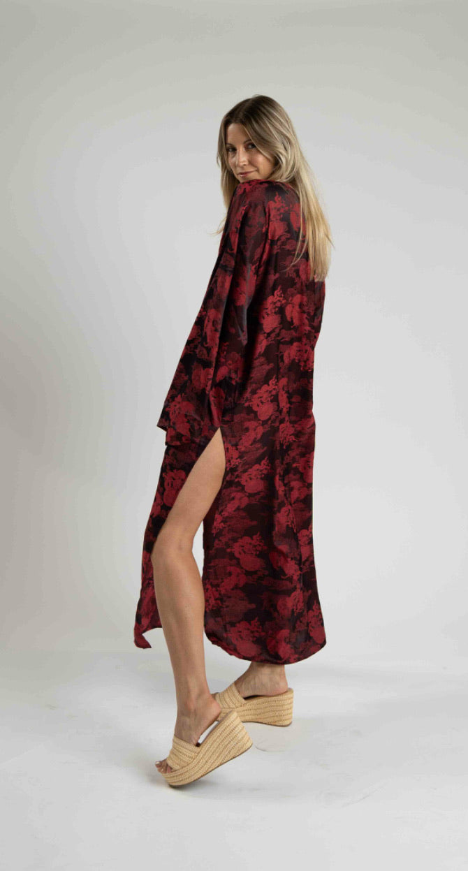 Unisex Dancing Dragon Long Kimono (Crimson Black)