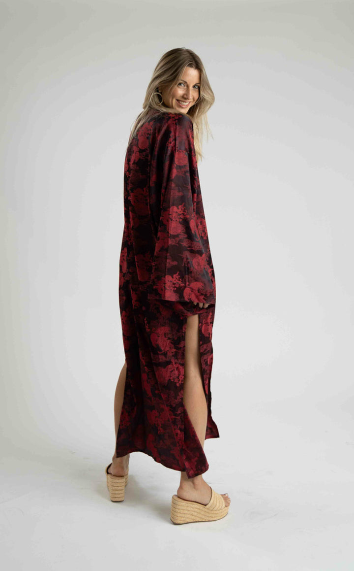 Unisex Dancing Dragon Long Kimono (Crimson Black)