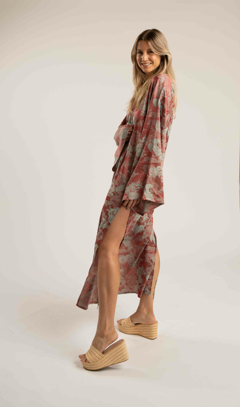 Unisex Dancing Dragon Long Kimono (Mauve Destiny)