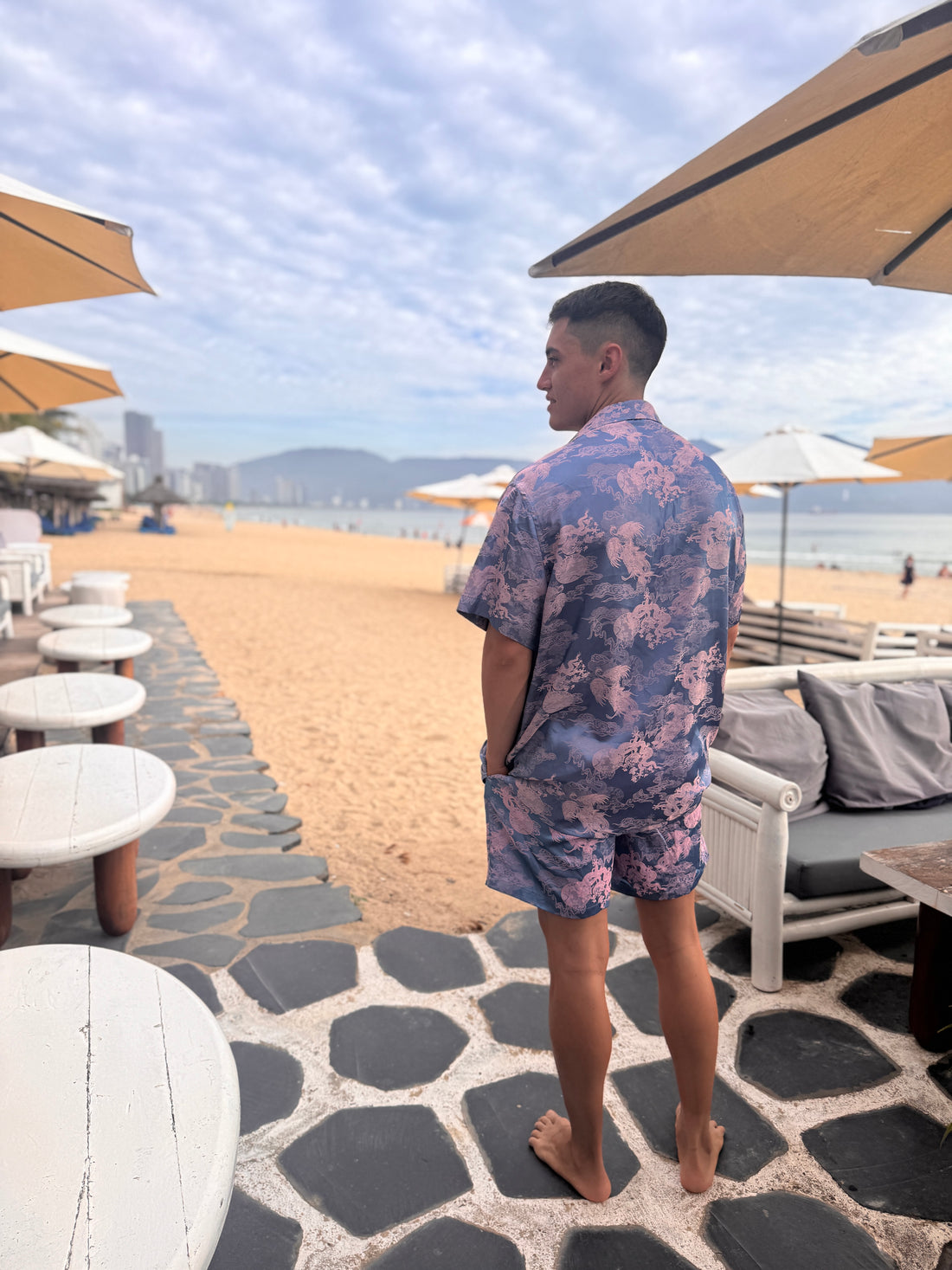 Dancing Dragon Short Sleeve Button Up Shirt and Shorts Set (Cotton Candy)