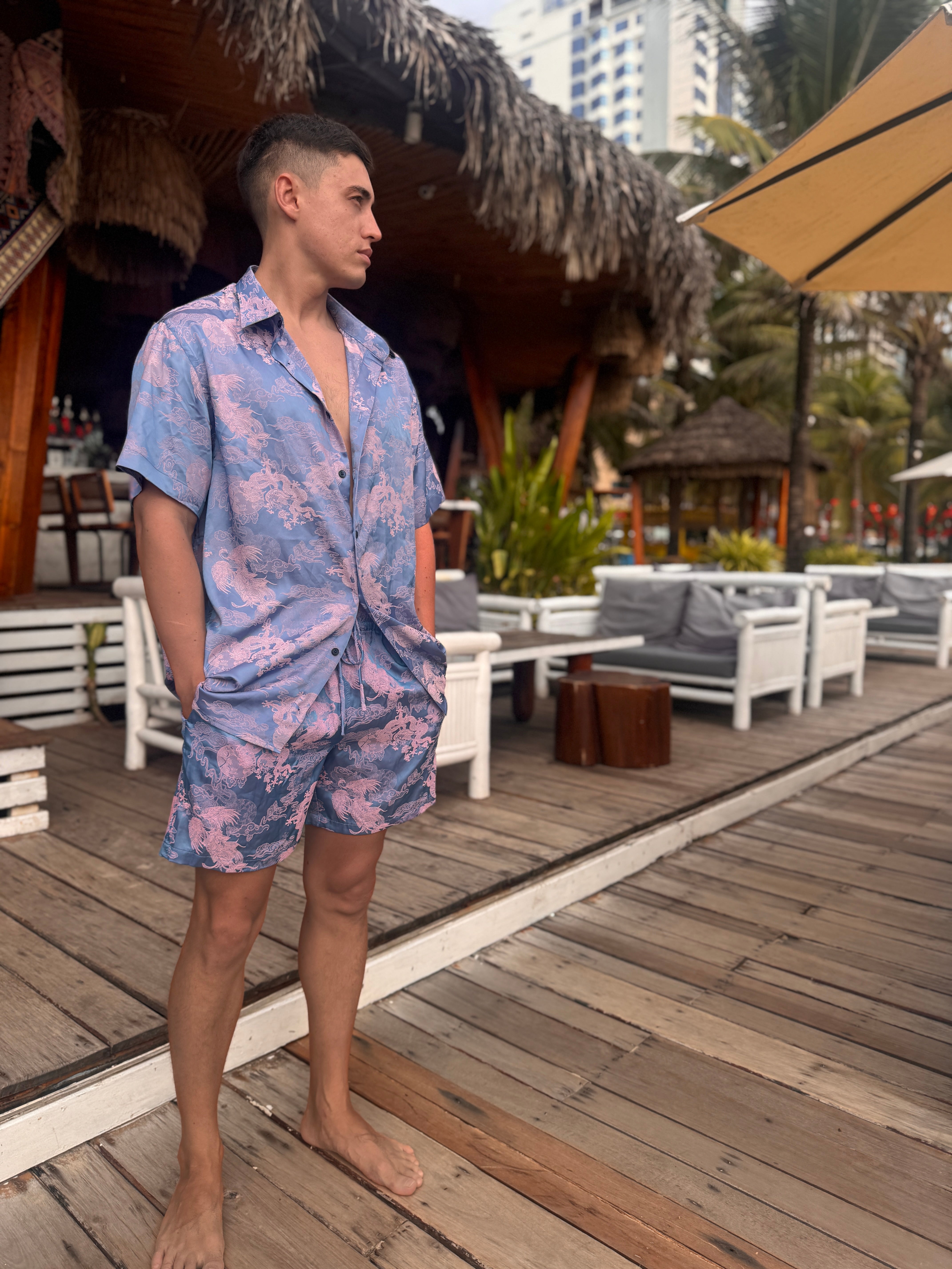 Dancing Dragon Short Sleeve Button Up Shirt and Shorts Set (Cotton Candy)