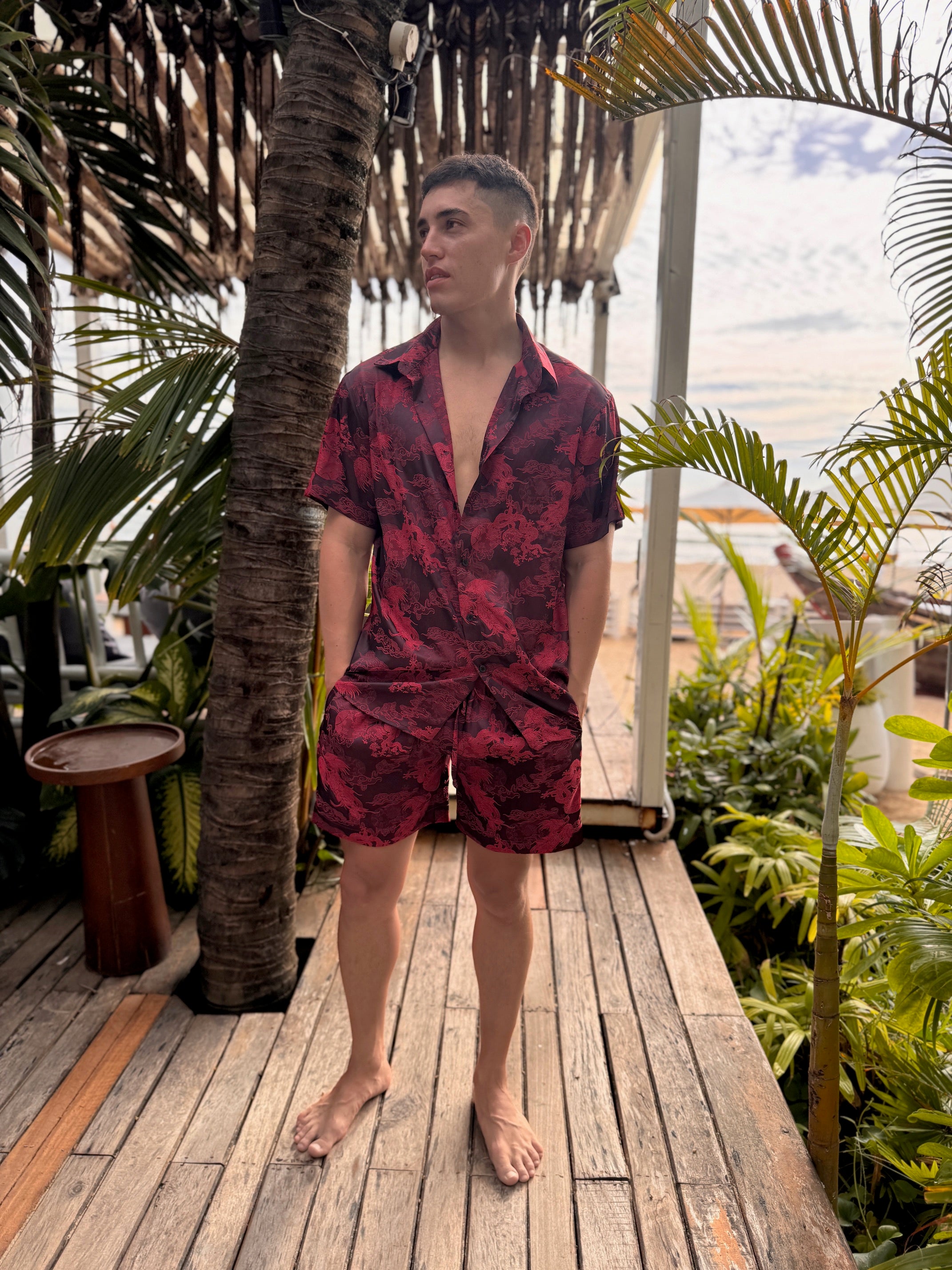 Dancing Dragon Short Sleeve Button Up Shirt and Shorts Set (Crimson)