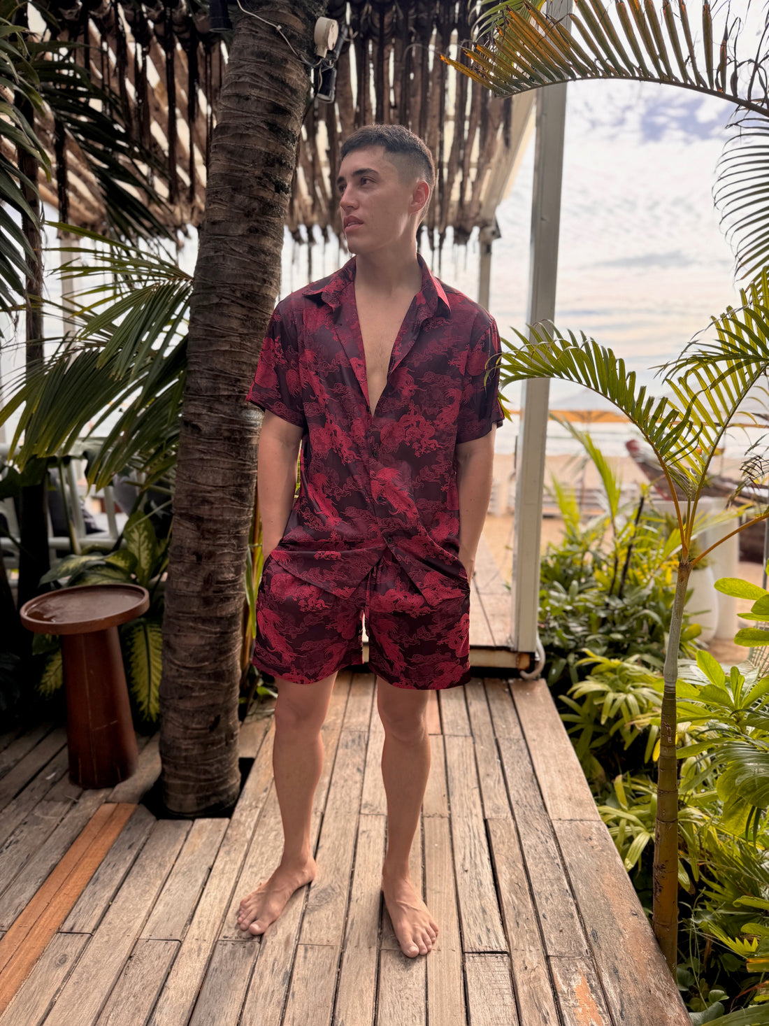 Dancing Dragon Short Sleeve Button Up Shirt and Shorts Set (Crimson)