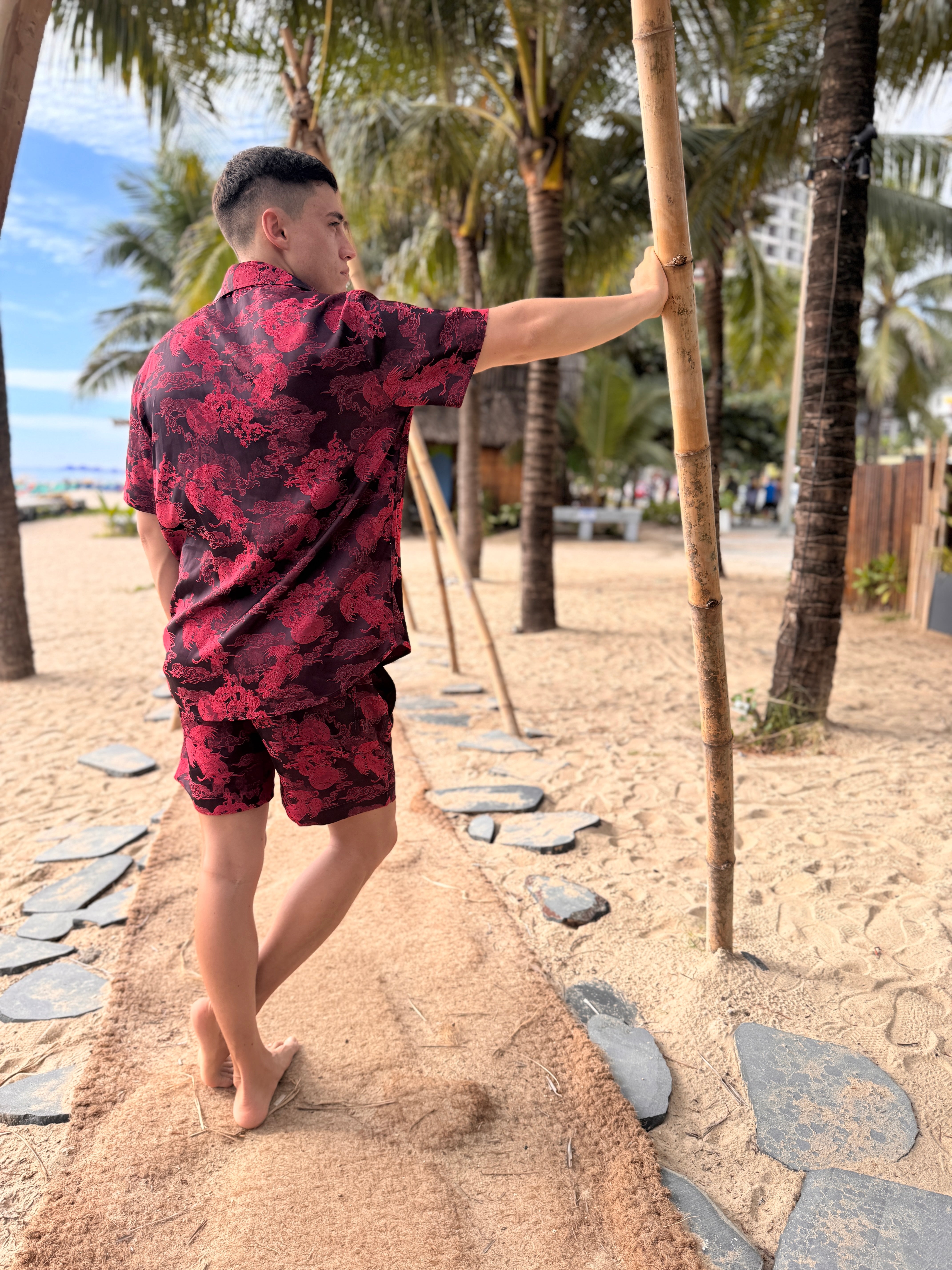 Dancing Dragon Short Sleeve Button Up Shirt and Shorts Set (Crimson)