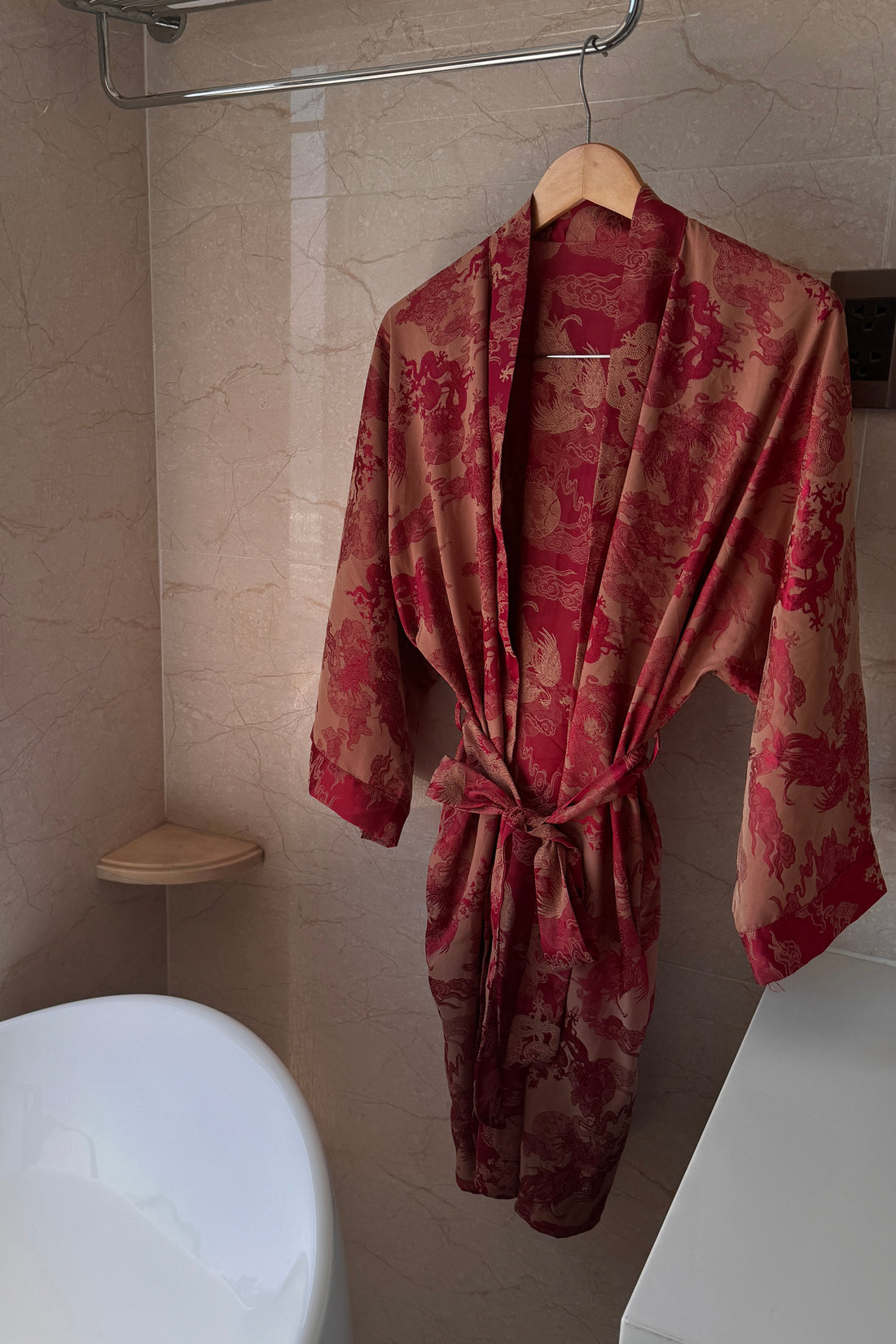 Silk Kimono in Crimson Dragon Print